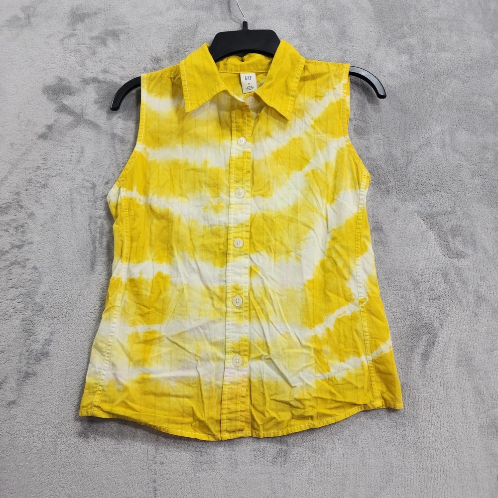 Vintage Gap Shirt Womens M Yellow White Tie Dye Button Front Sleeveless Collared
